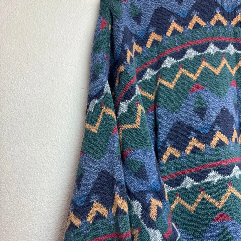 Vintage Mens Large L Cotton Geometric Knit Sweater USA Grandpa Eclectic‎ Blue